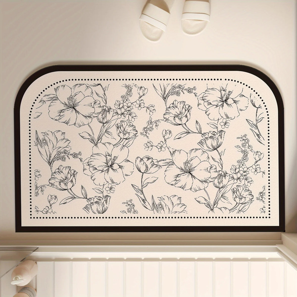 tapis bain absorbant rapide séchage floral motif nuage ovale caoutchouc beige noir