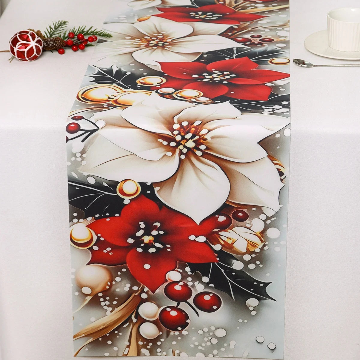 table noël blanc rouge motif floral hiver extérieur moderne festive polyester