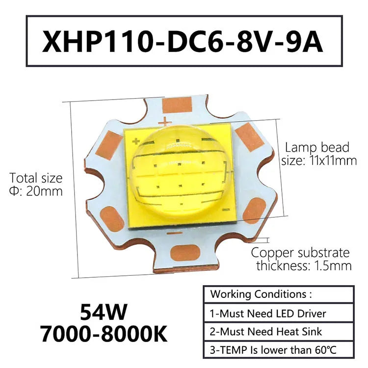 led xhp70 xhp90 xhp110 18w 24w 45w 72w cool white 7000k 8000k 50000h luminosité