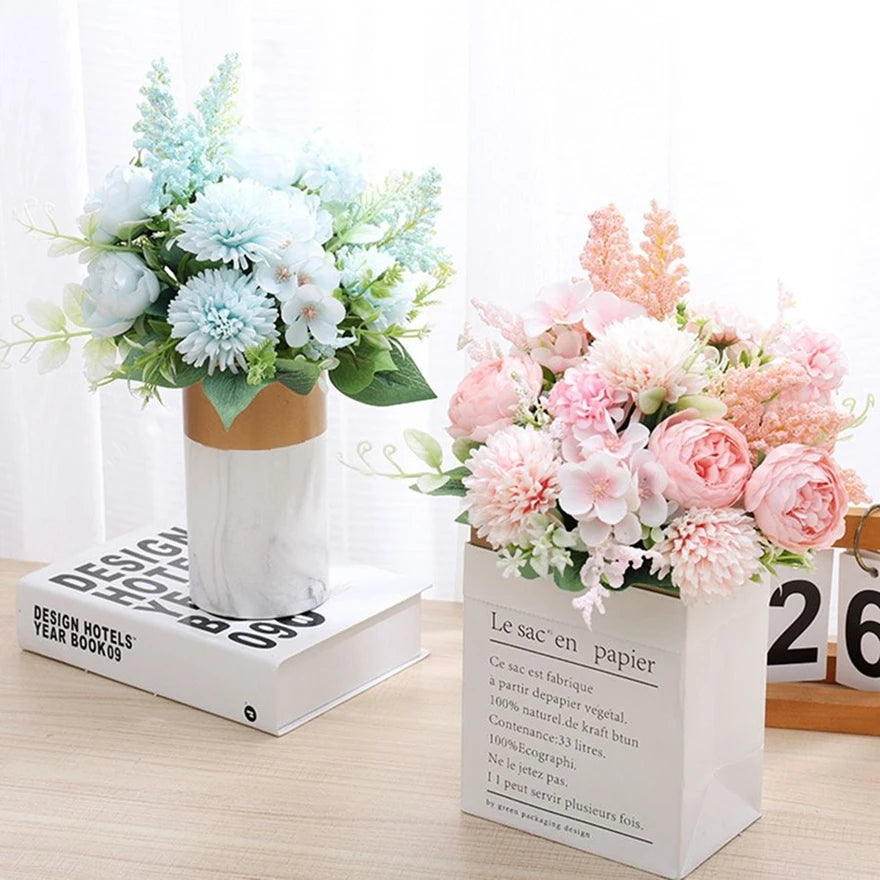 bouquet fleurs artificielles soie mariage décoration maison blanc rose bleu clair vert classiqueintérieur vase