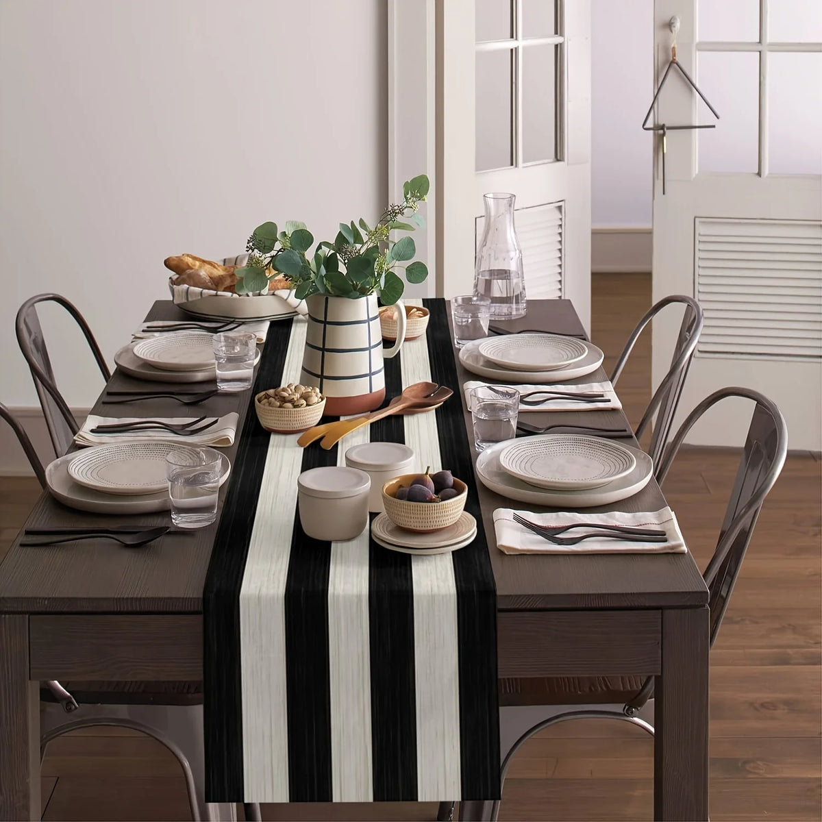 nappe table rectangulaire rayée noir blanche polyester moderne minimaliste extérieur intérieur