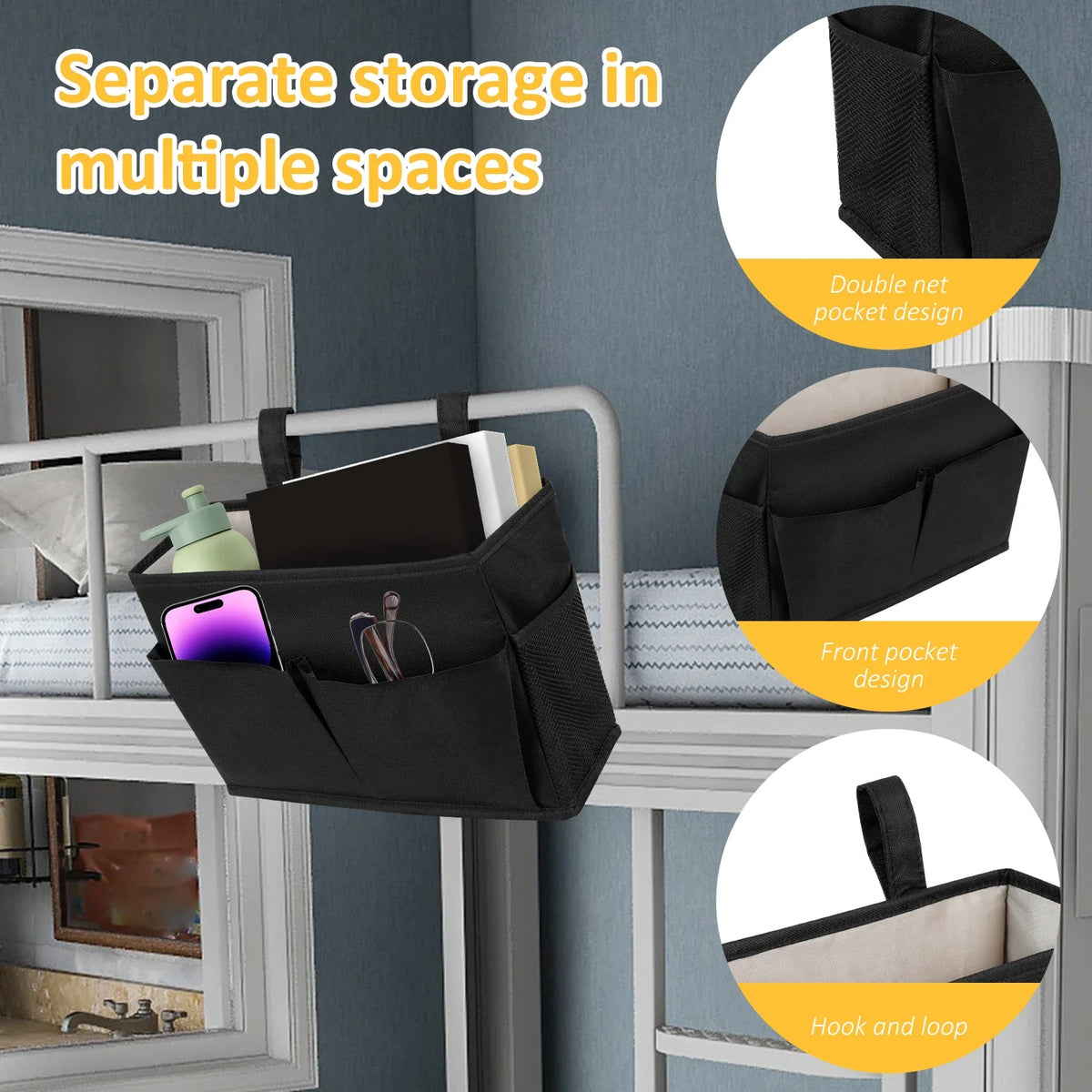 sac rangement lit suspendu polyester noir blanc beige poches filet minimaliste fonctionnel