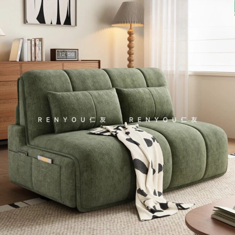 canapé lit velours vert olive moderne coussins couverture salon petit espace