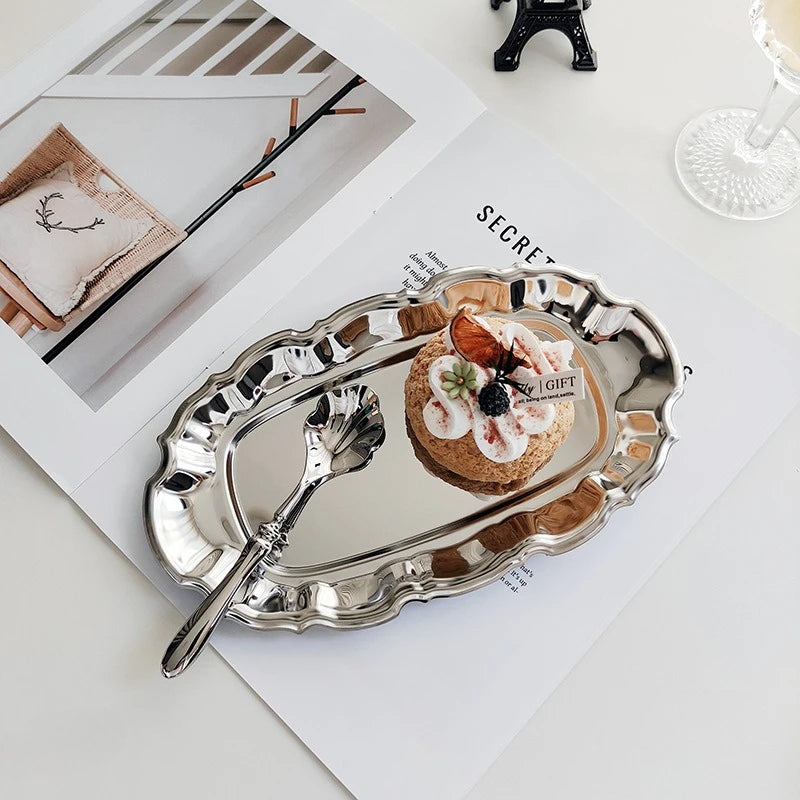 plateau service vintage bord ondulé acier inoxydable rangement bijoux assiette collation décoration table fourchette
