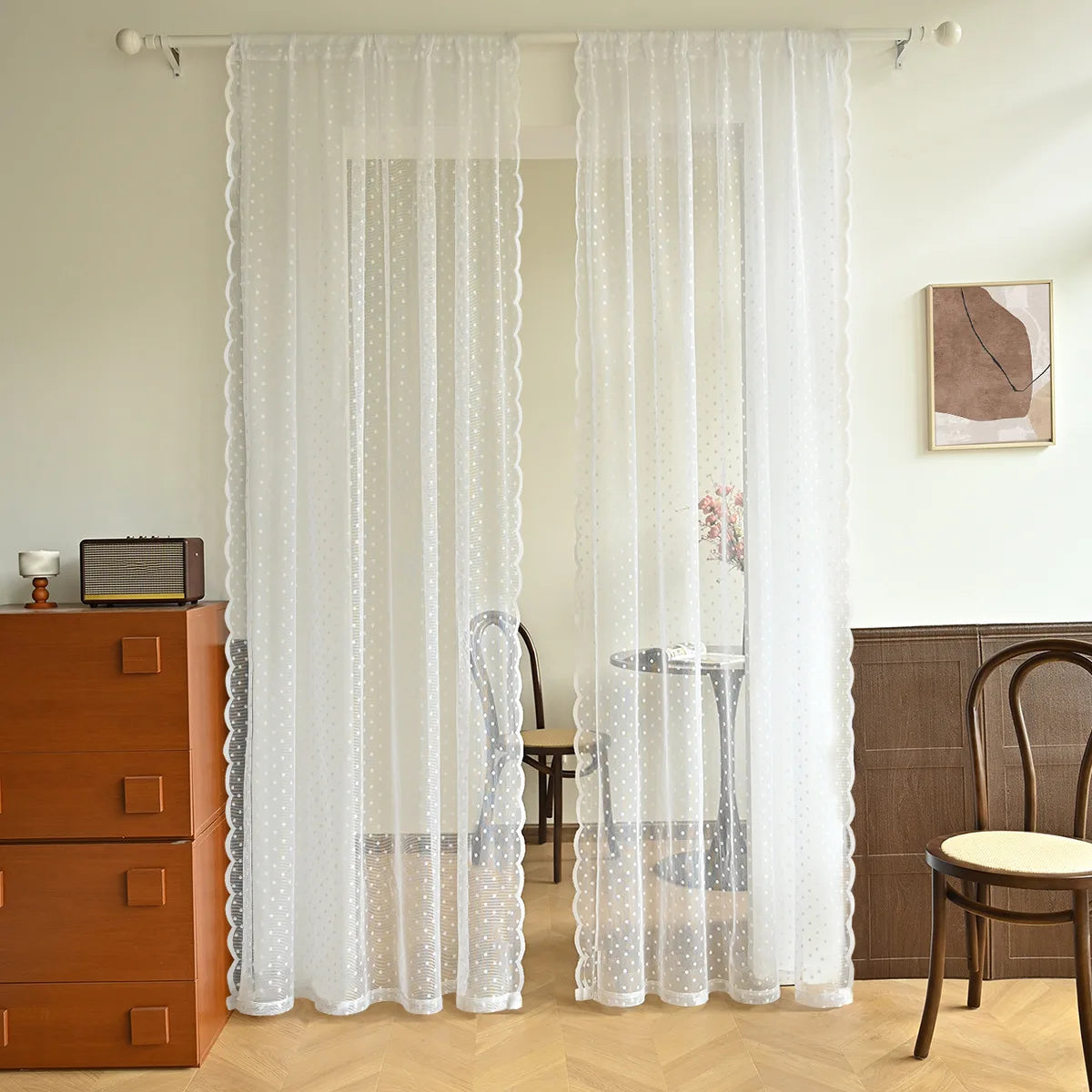 rideau blanc pois transparent classique polyester coton salon chambre deux panneaux