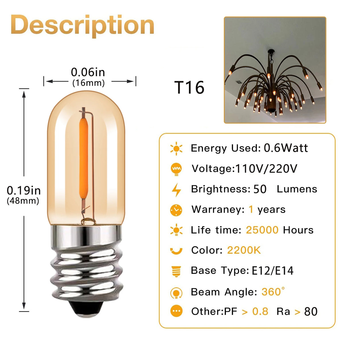 ampoule led filament transparente dorée vintage e12 e14 220v blanc chaud 2200k 25000h