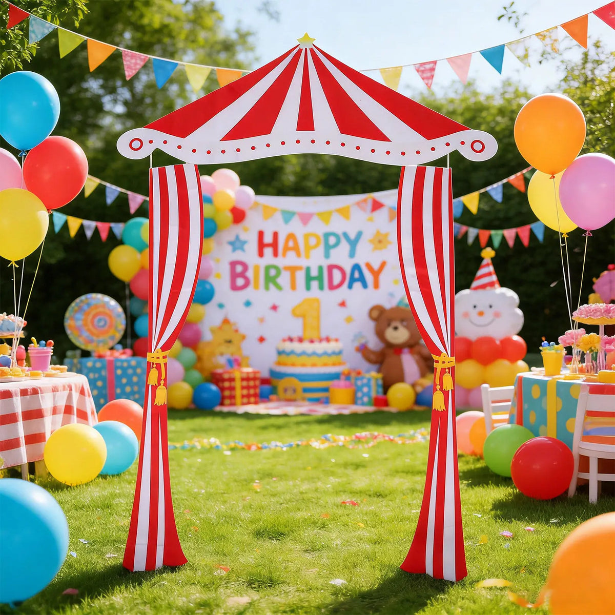 décoration fête anniversaire cirque bannière porte rouge blanche rayée taffetas opaquemax14mots