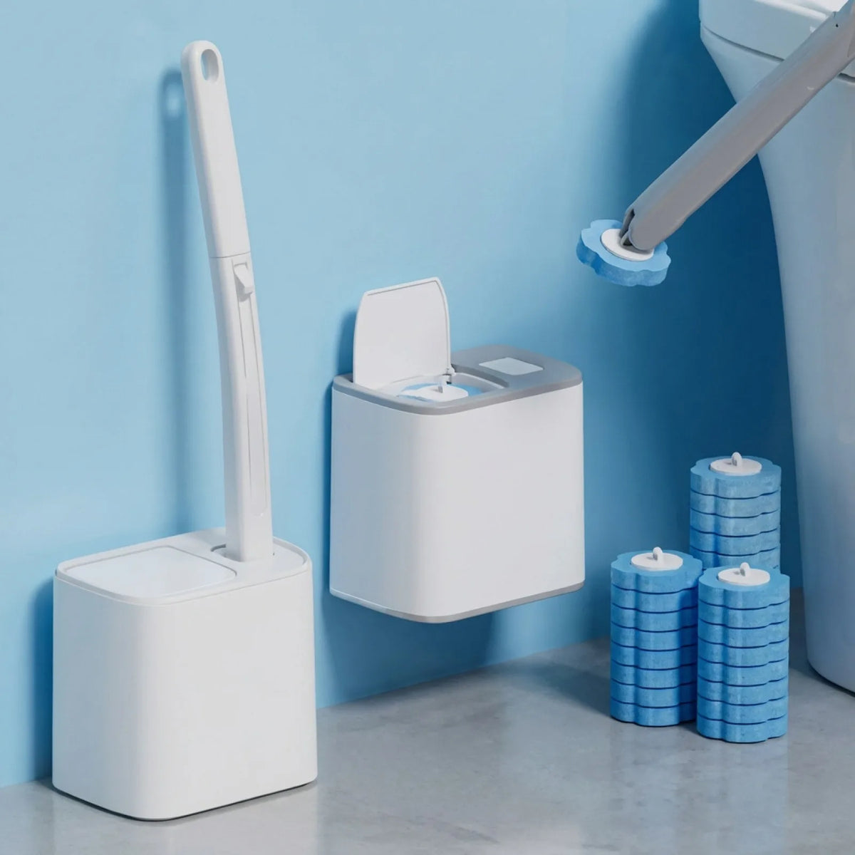 brosse wc douce silicone longue poils blanc bleu moderne pratique fixe adhésif boite rangement