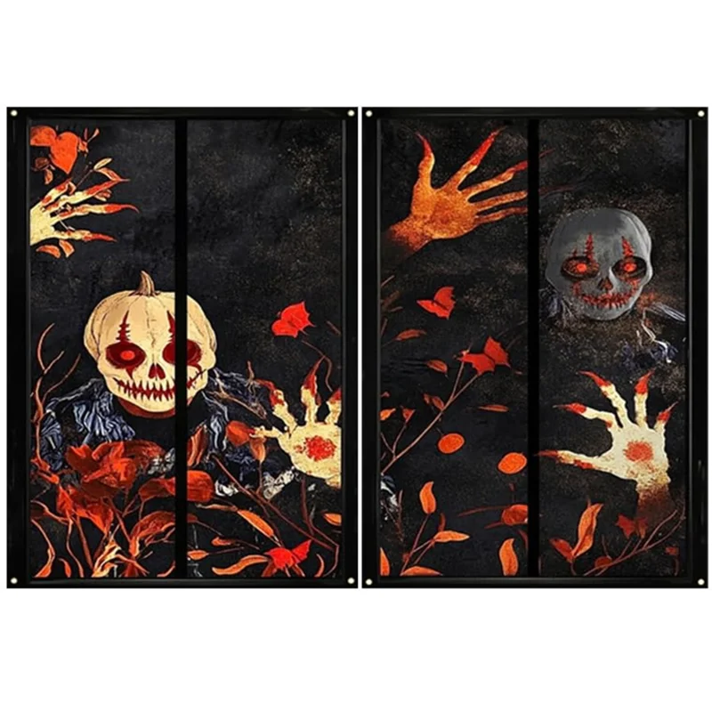 décorations fenêtre halloween crâne citrouille mains feuilles fantôme effrayant noir orange blanc