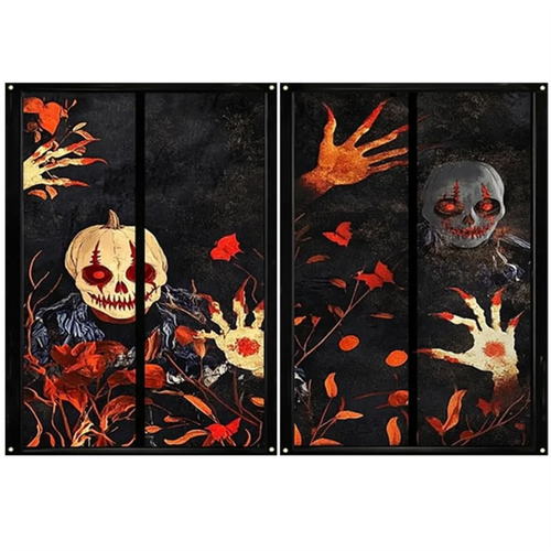 décorations fenêtre halloween crâne citrouille mains feuilles fantôme effrayant noir orange blanc