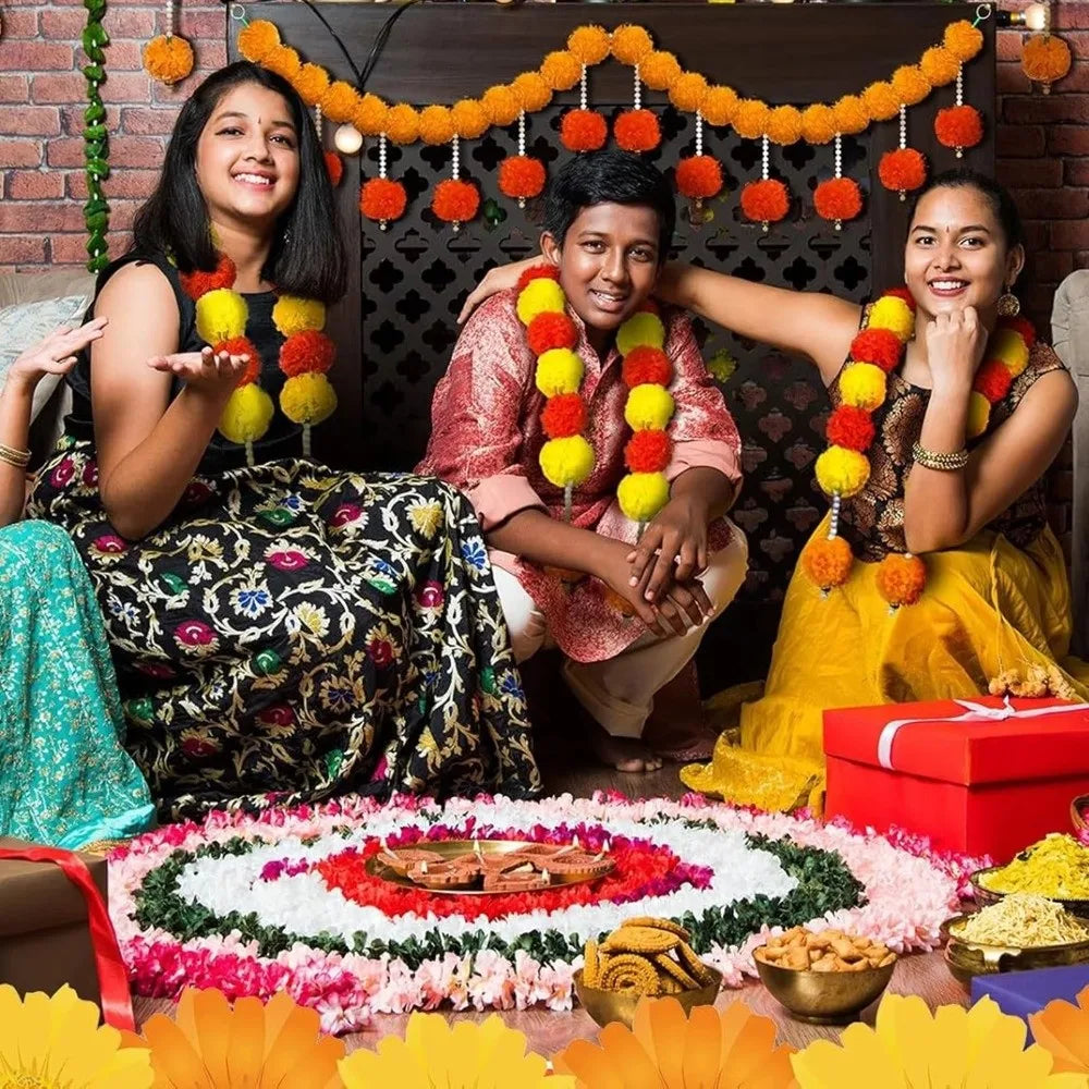 guirlandes decoratives fleurs marigolds jaune orange rouge decoration diwali festif traditionnel