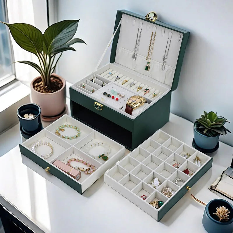 boîte rangement bijoux cuir vert blanc motif géométrique poignées dorées classique 24 compartiments