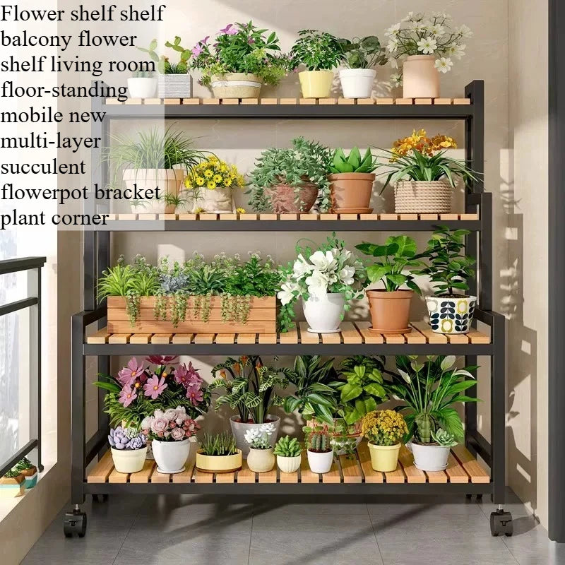 étagère fleurs extérieure métal niveaux moderne industriel roulettes pots variés