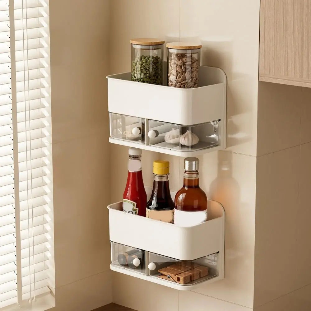 rangement mural moderne beige clair tiroirs adhésifs organisateur cosmétiques salle bain transparent compartments poignée