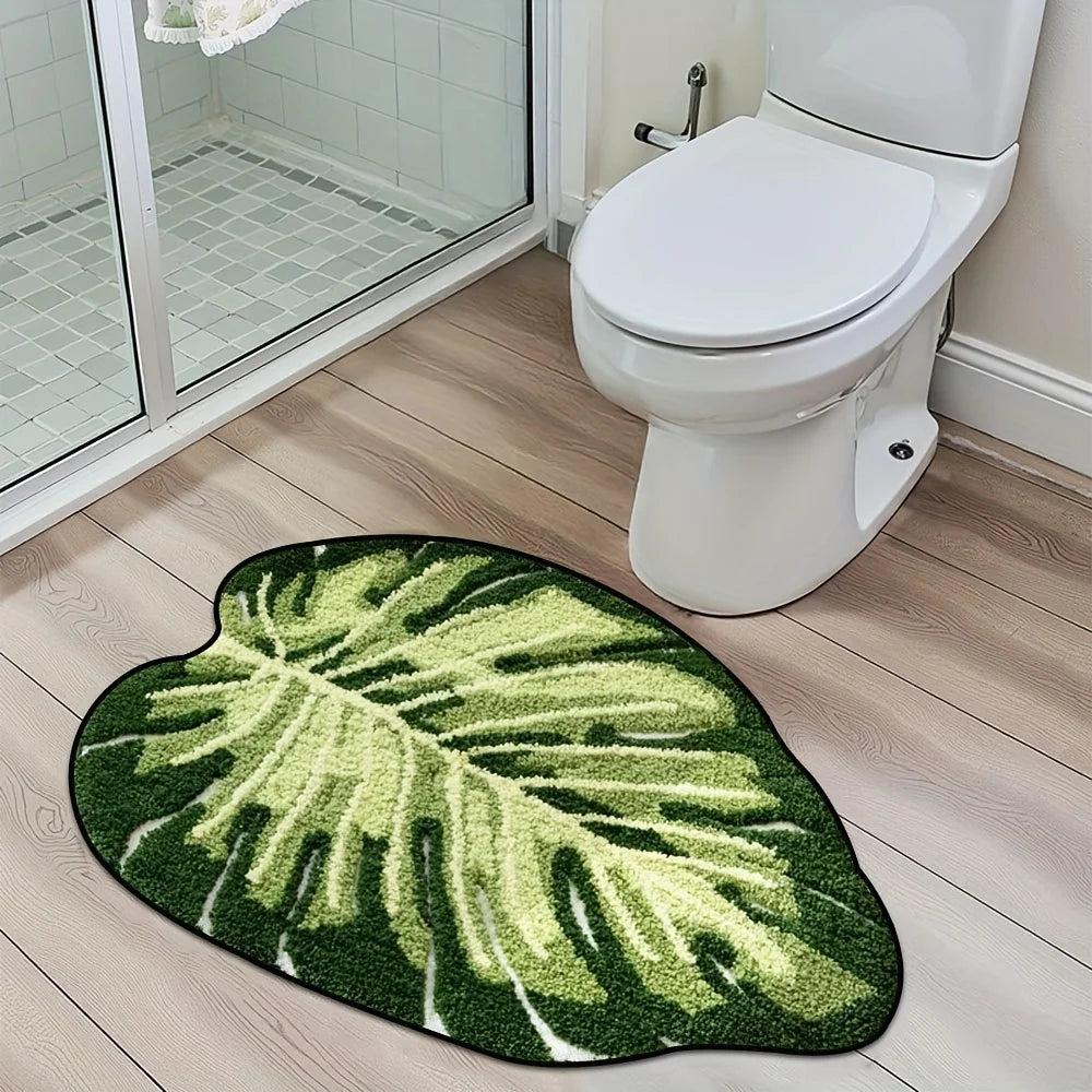 tapis bain sol salon doux polyester feuille motif naturel moderne blanc vert