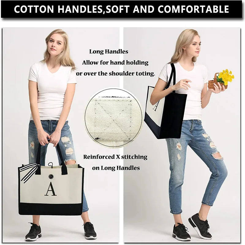 sac main femme toile beige noir lettre brodée grande capacité poignées détachables moderne