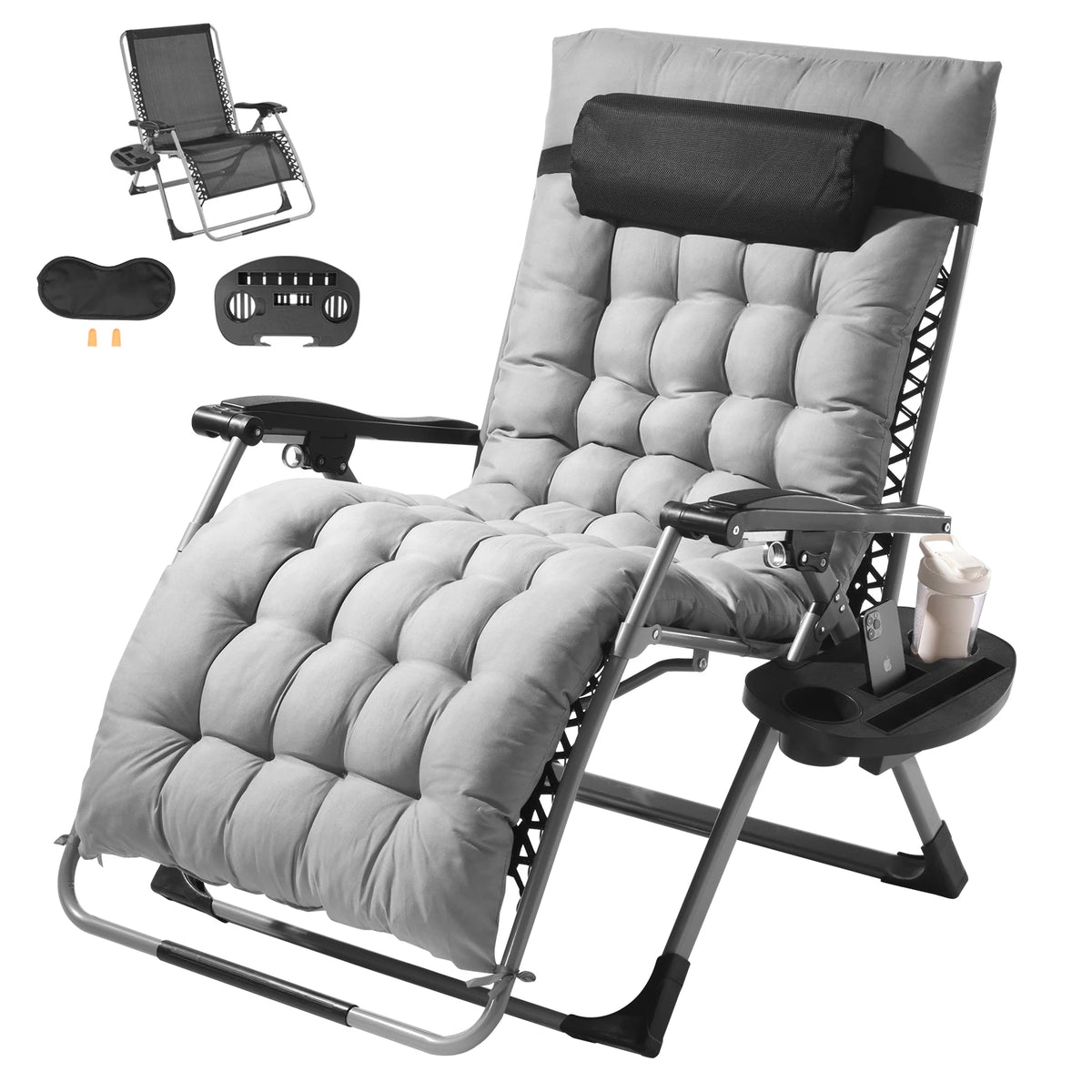 fauteuil inclinable extérieur gris coussin repose pied plateau boissons accessoires confortables