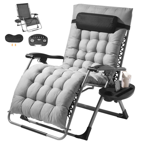 fauteuil inclinable tissu coton gris moderne ajustable plateau boissons coussin tête masque oculaire bouchons