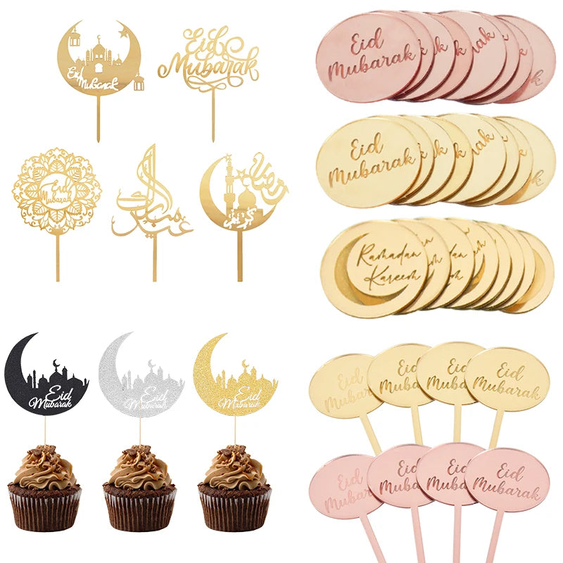 décoration gâteau acrylique doré eid mubarak ramadan mosquée lune étoile topper cupcake fête islamique