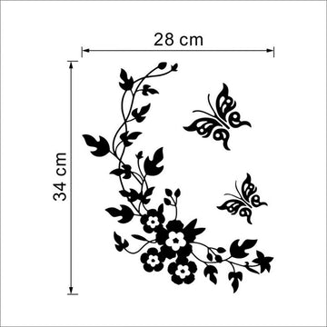 décoration murale sticker noir blanc fleurs feuilles branches papillons floral 28cm 34cm