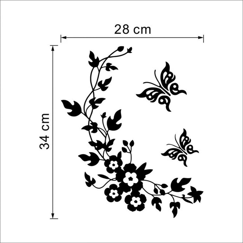 décoration murale sticker noir blanc fleurs feuilles branches papillons floral 28cm 34cm