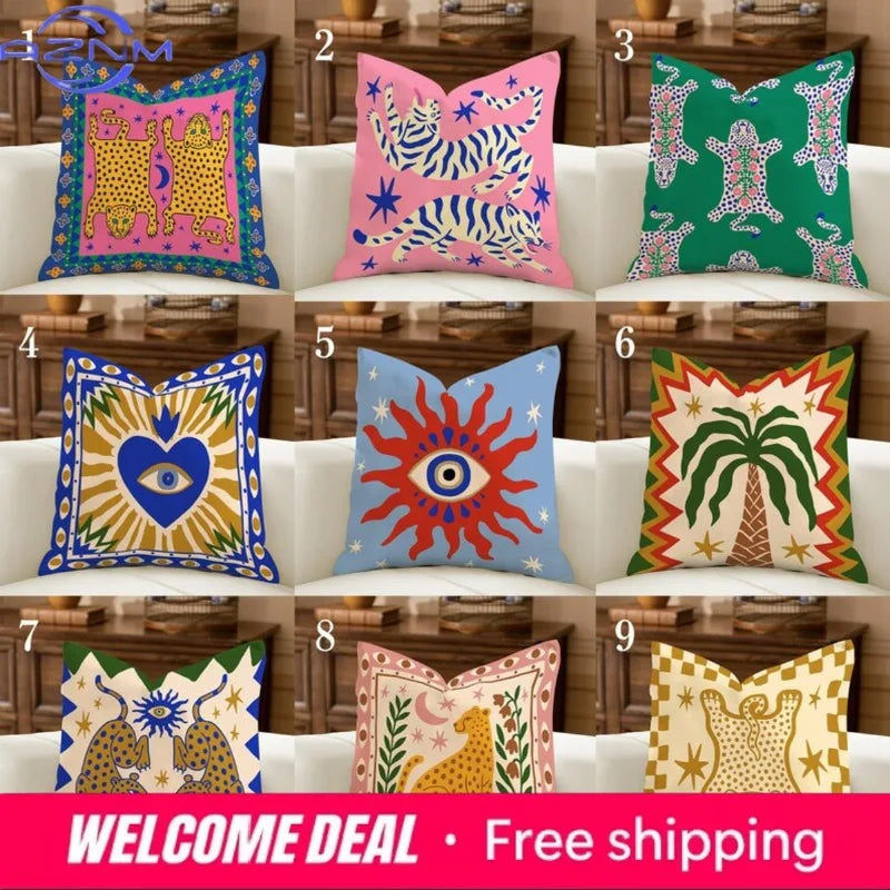 housse coussin décorative motif léopard palmier soleil ethnique moderne salon chambre