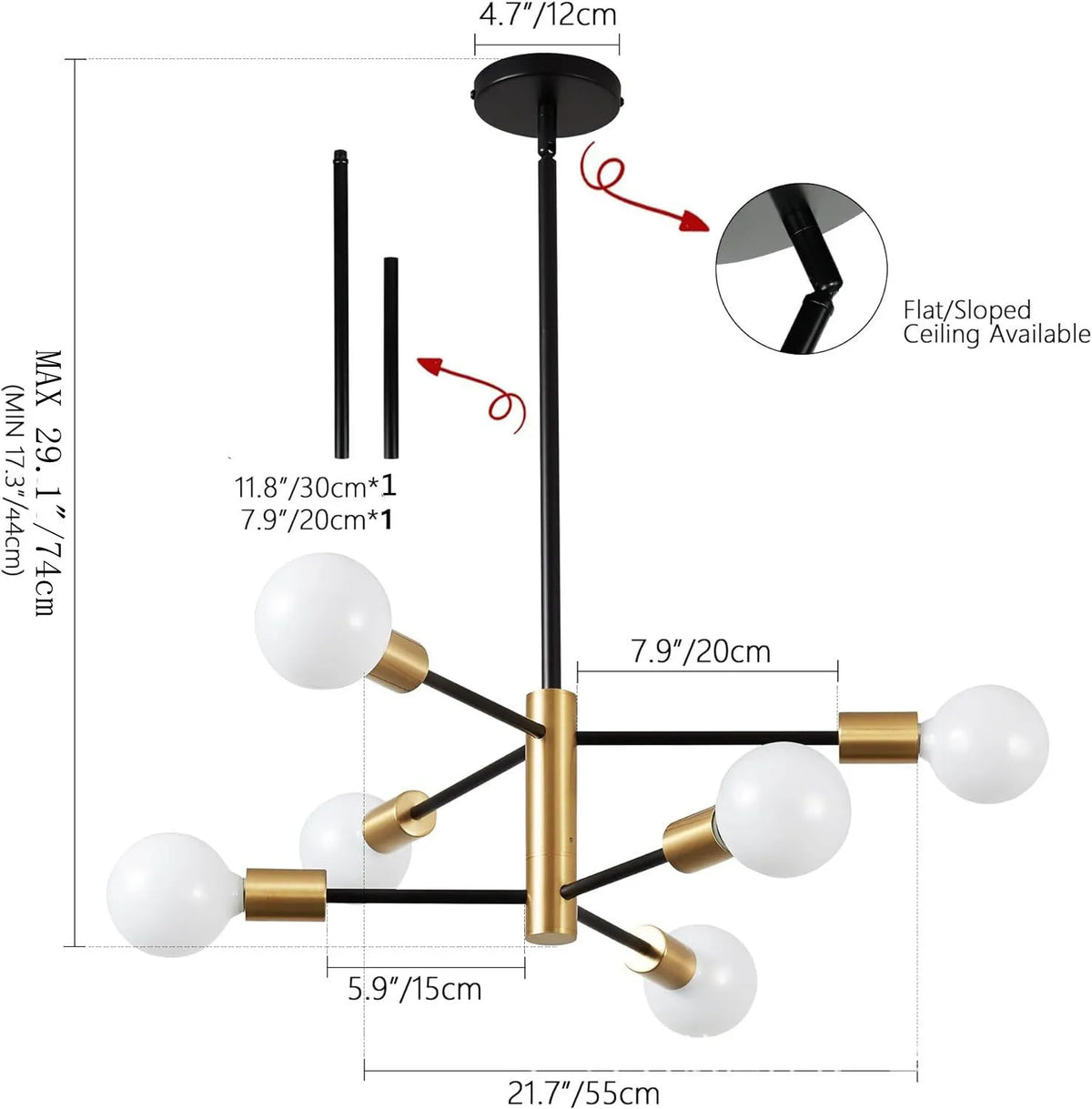 lustre moderne 10 ampoules doré noir chrome sphères blanches structure métallique scandinave