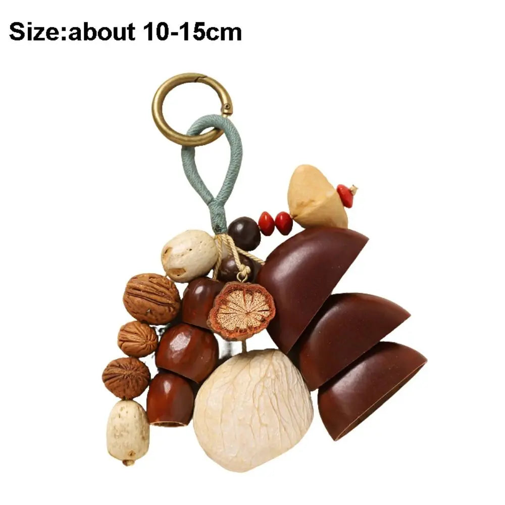 porte clés boho coquilles noix bois marron naturel ornement décoration clés anneaux métal