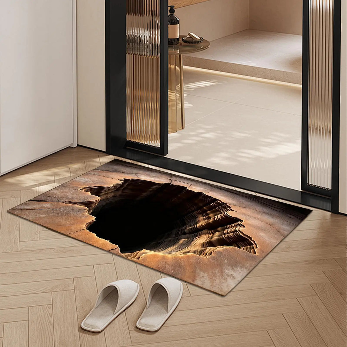 tapis illusion 3d marron noir texture bois moderne salon chambre