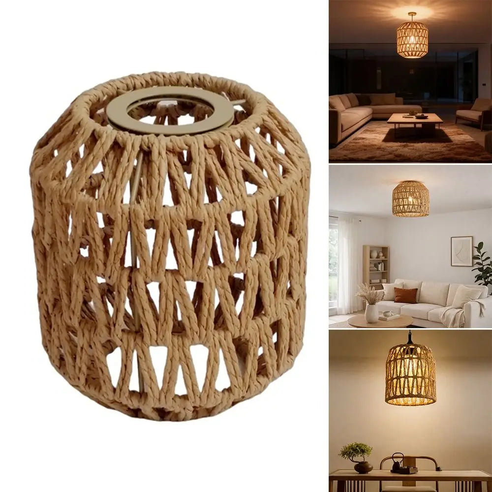 lampe suspendue tressée rotin beige moderne rustique abat jour 15cm diamètre 13cm anneau métallique