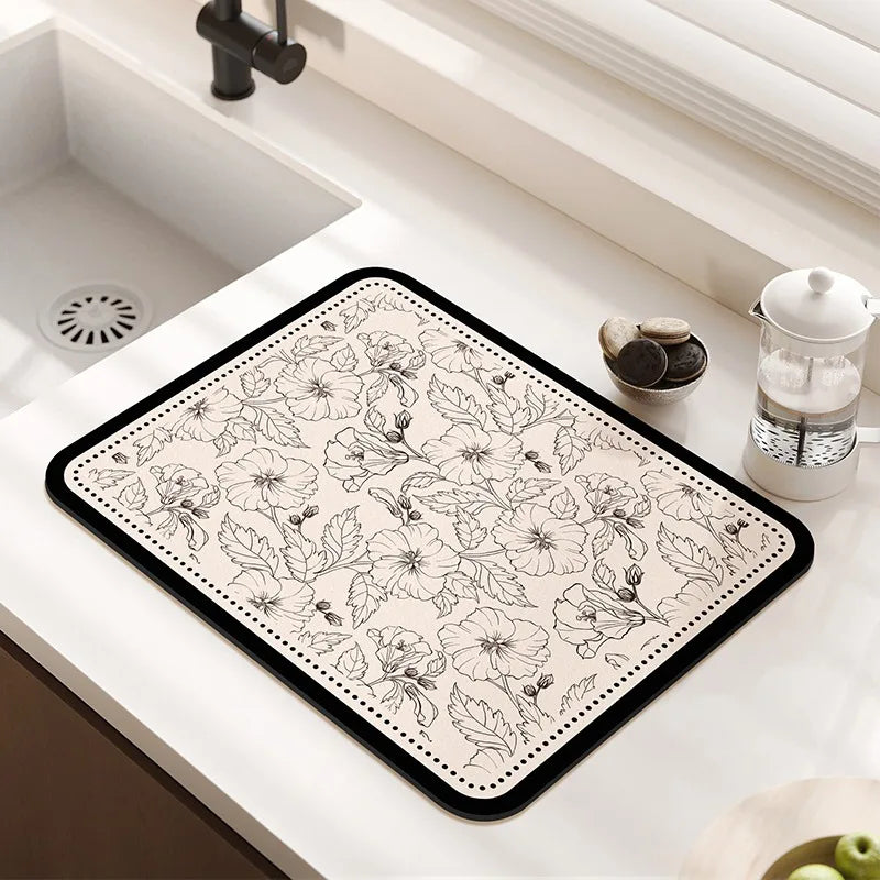 tapis cuisine moderne floral beige clair noir anti bactérie anti dérapant absorbant respectueux environnement