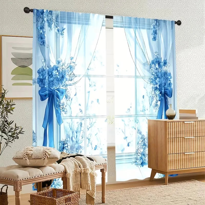 rideaux bleu clair fleurs modernes deux pièces polyester transparents chambre salon