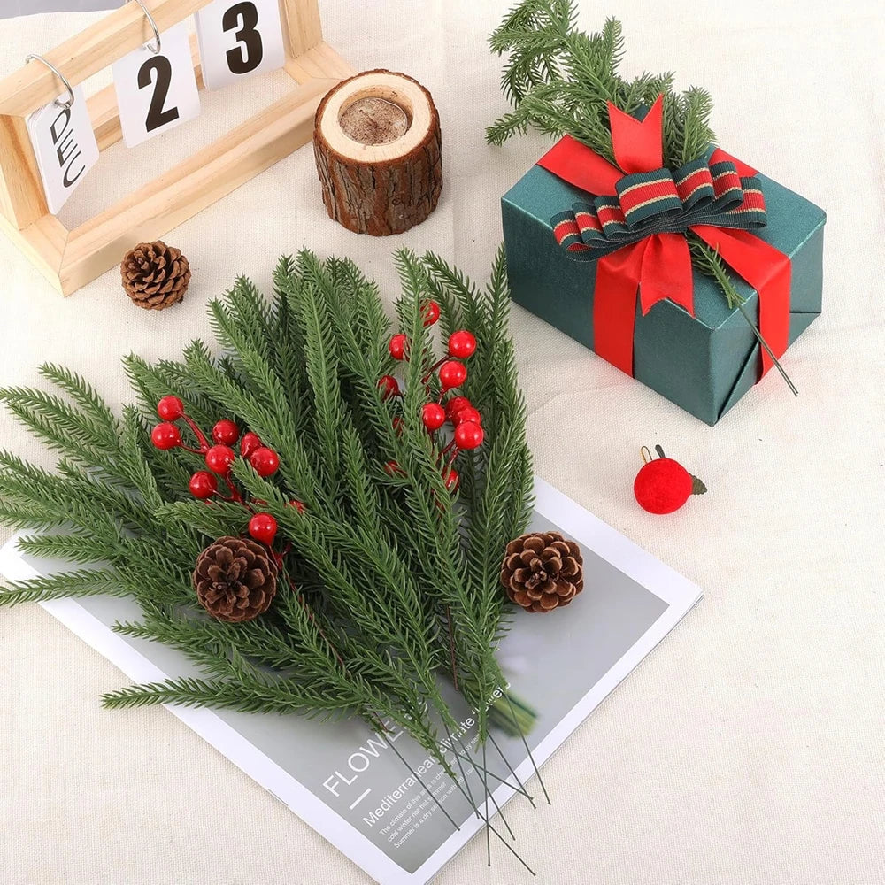 bouquet artificiel branches vertes baies rouges naturel decoratif noel decoration intérieure feux verts rouges