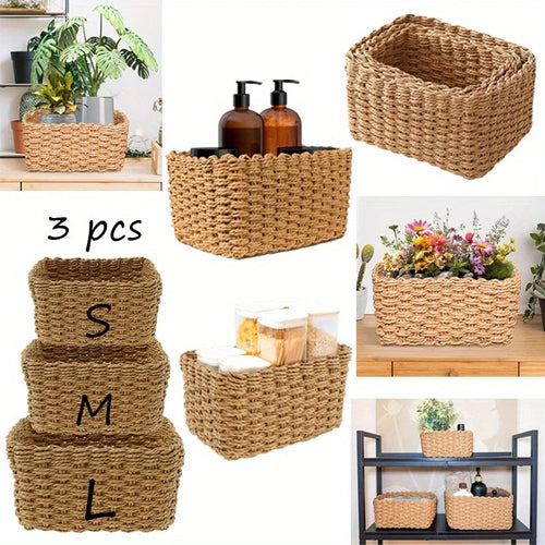 paniers tressés paille rangement accessoires beauté maquillage papeterie table linges salle bain rustic bohème