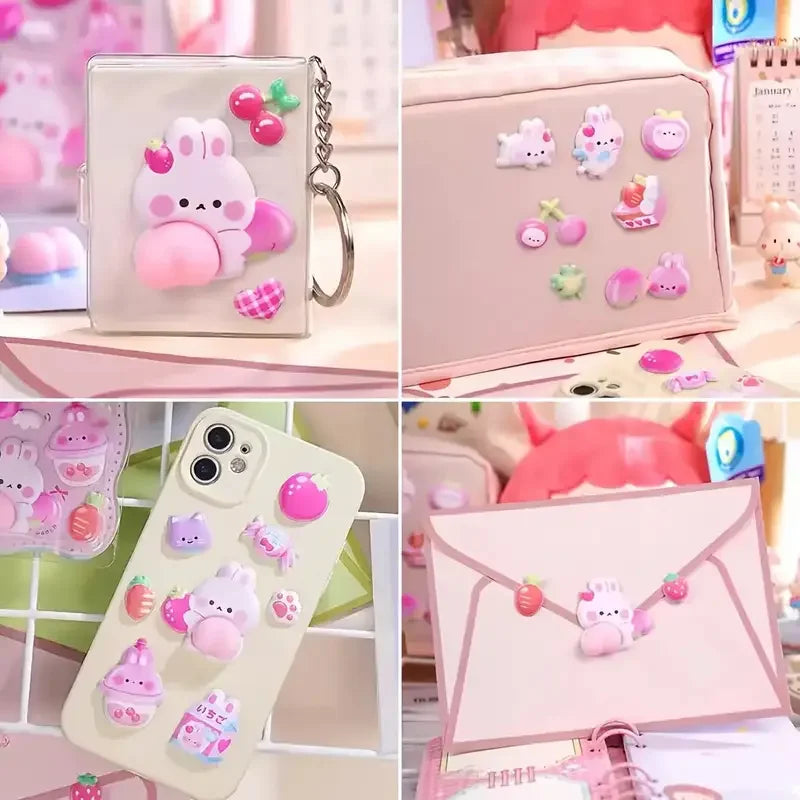 stickers mignons kawaii ours lapins fruits coeurs gâteaux adhésifs boîte rangement porte clés étui