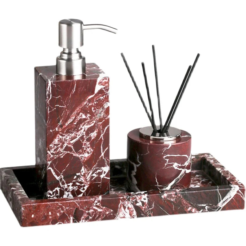 ensemble accessoires salle bain marbre violet plateau distributeur savon pot pinceau diffuseur huiles