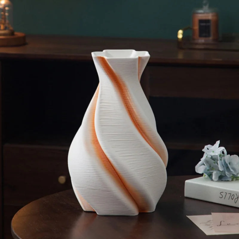 vase moderne blanc marron rouge orange rayures horizontales opacité maison fleurs table