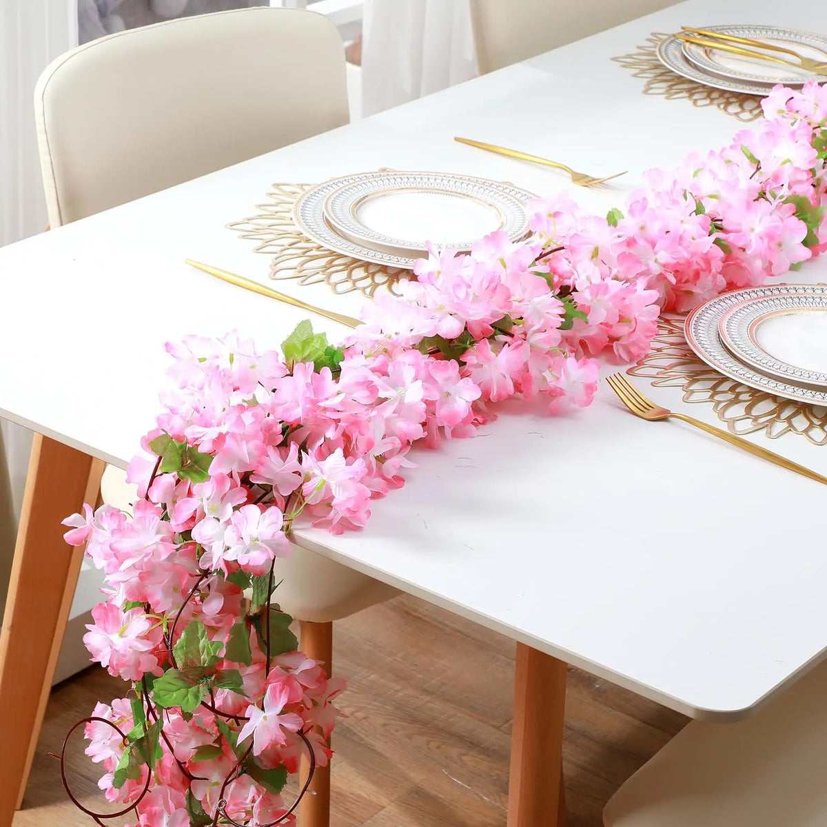 guirlande artificielle fleurs rose feuilles vertes décoration mariage anniversaire intérieur élégante pièces