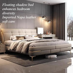 lit moderne minimaliste simili cuir beige clair pieds dorés chambre coucher