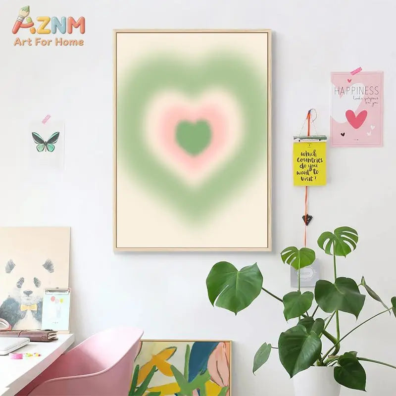 affiche murale cadre bois motif champignon papillon coeur pastel salon moderne décoration intérieure