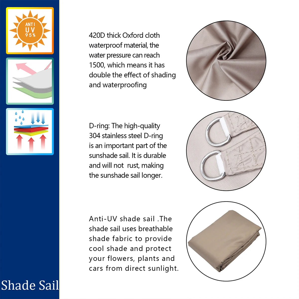 voile d'ombrage triangulaire beige oxford moderne anti uv 3x4x5m 5x5x7.1m anneaux inoxydables instructions