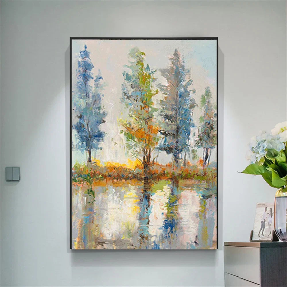 tableau abstrait paysage arbre bleu vert jaune blanc gris moderne sans cadre toile peinture