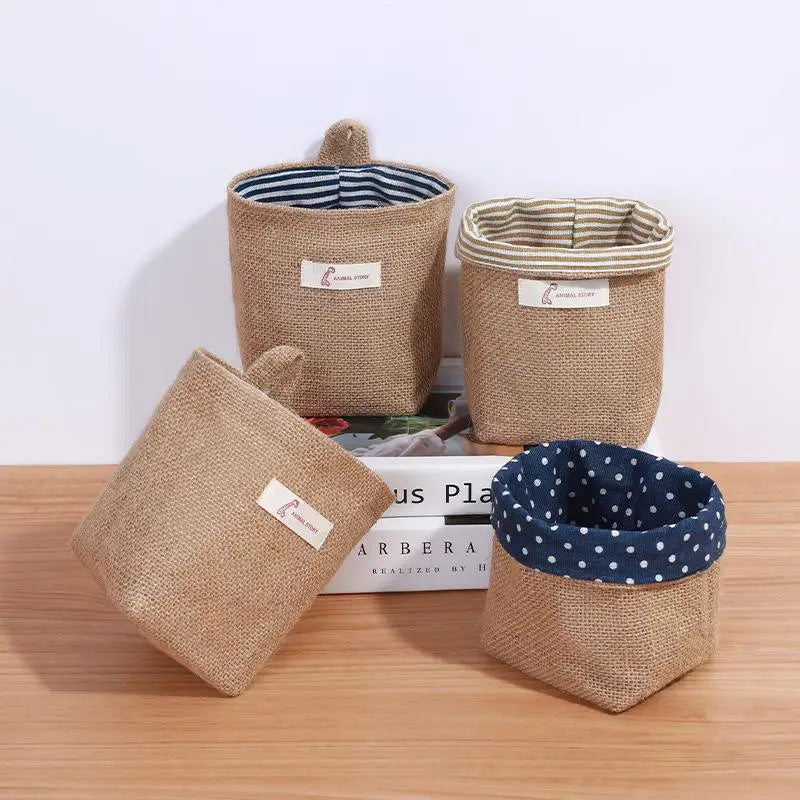 sac rangement toile jute pois blancs rayures boho chic beige bleu marine blanc rustique