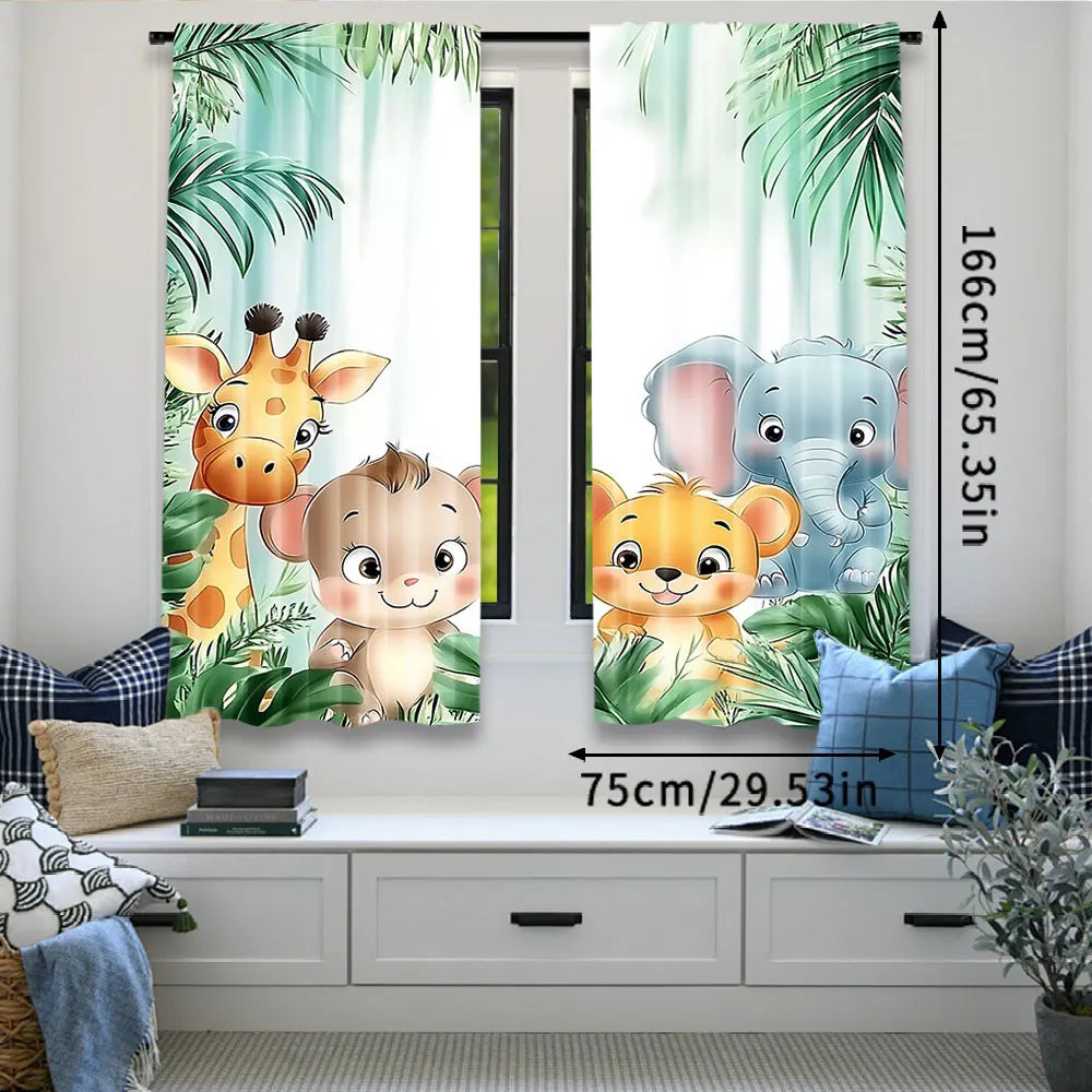 rideau animaux jungle girafe éléphant singe lion vert bleu beige orange gris illustration moderne
