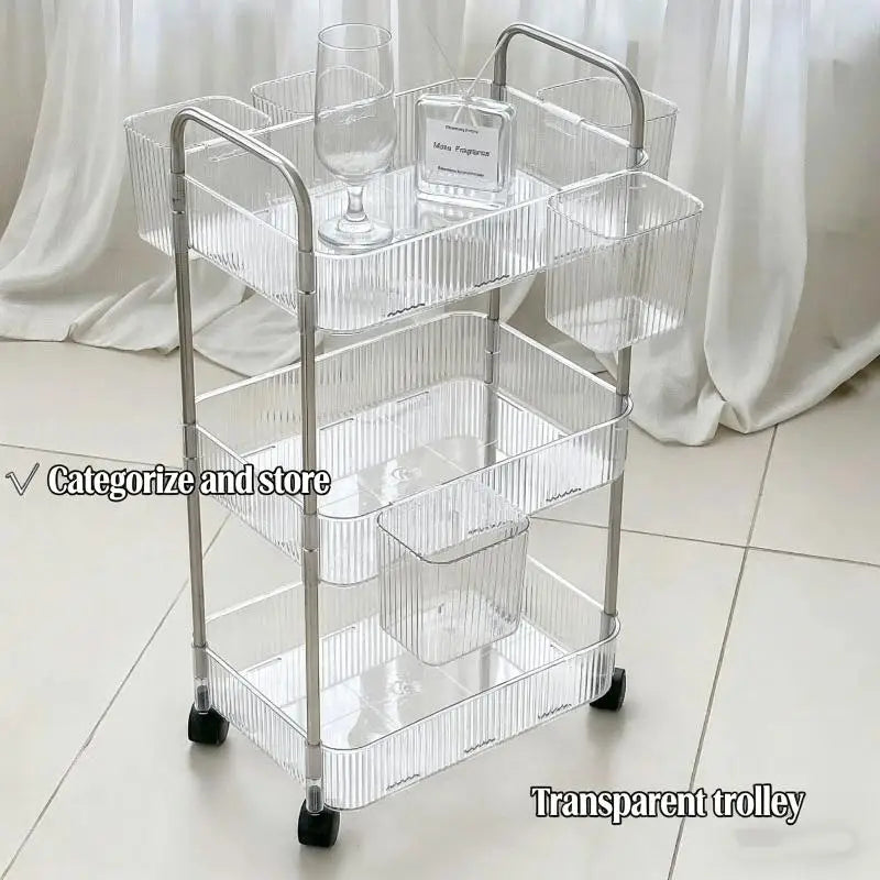 chariot roulettes transparent moderne compartiments striés rangement cosmétiques objets divers
