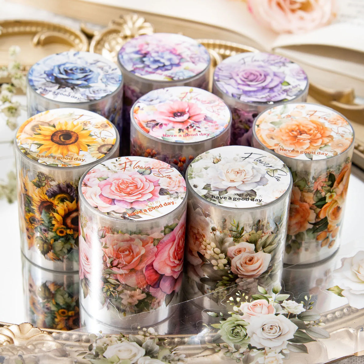 ruban decoratif floral vintage adhesif jaune orange rose violet vert blanc tournesols roses motifs