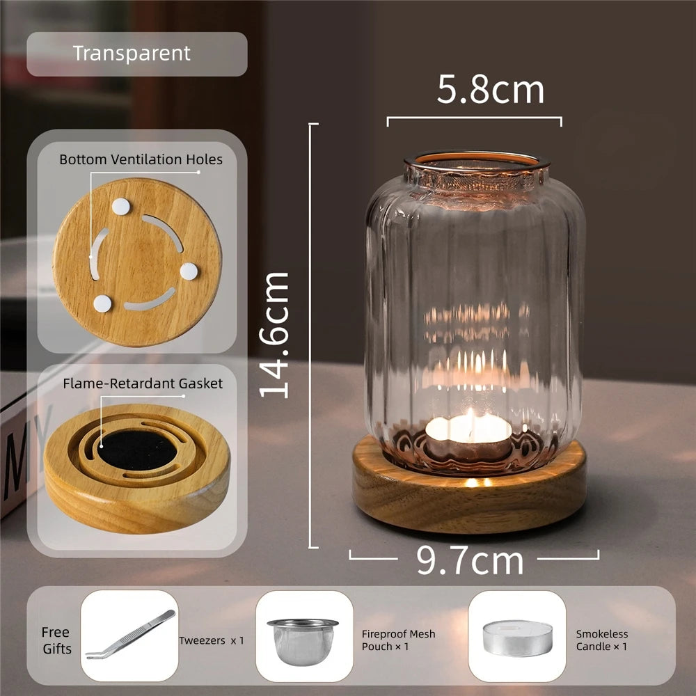 lampe encens moderne minimaliste base bois marron foncé transparent aromathérapie diffuseur apaisant calme