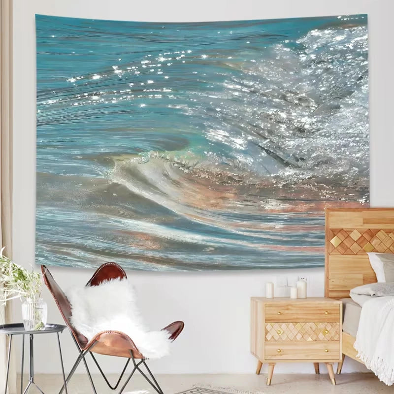 tapisserie murale moderne ondes mer bleu gris scintillement salon chambre 120x180cm