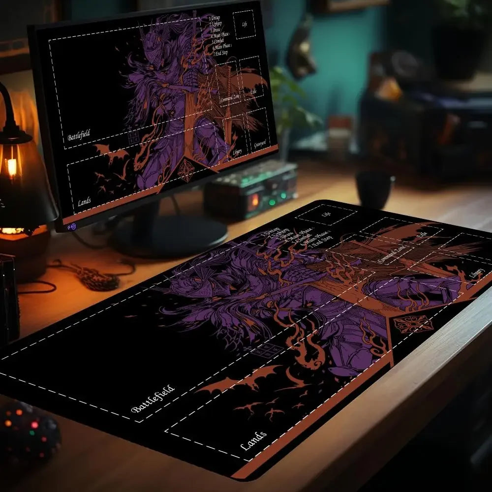 tapis jeu carte magique zone samouraï noir violet illustration florale animale fantastique graphique