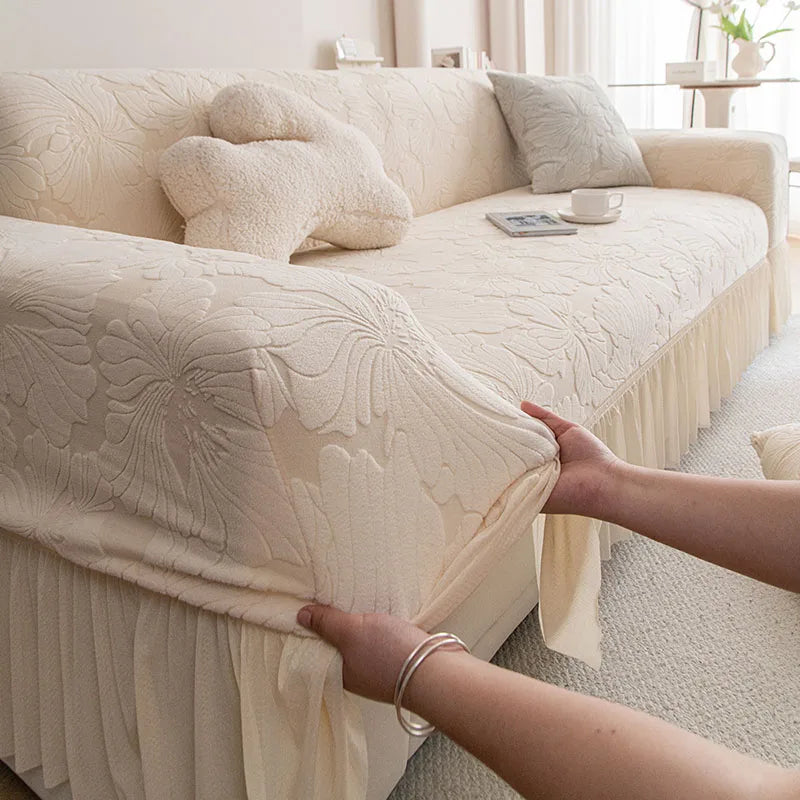 housse canapé velours jacquard fleurs imprimées extensible coussin salon classique vert